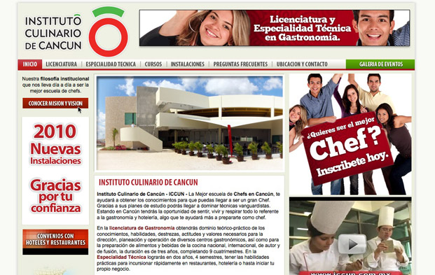 Desarrollo de pagina para el Instituto Culinario de Cancun. Posicionamiento en buscadores.