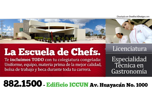 Concepto y aplicacion de imagen publicitaria para escuela de chefs en Cancun.