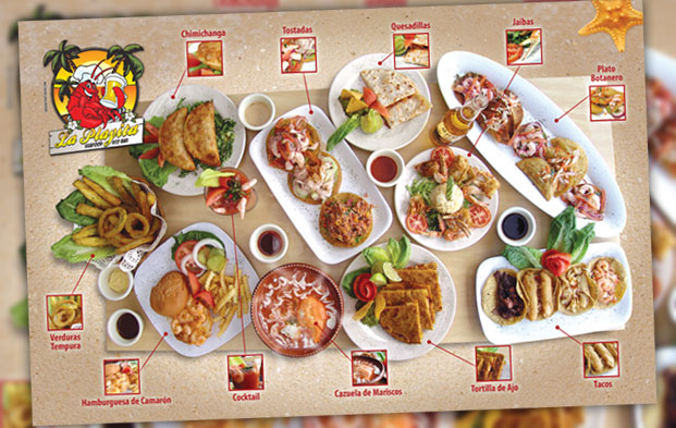 Restaurante La Playita, Cancun. Menu de Alimentos. Fotografia digital, concepto graficos, impresion de menus.